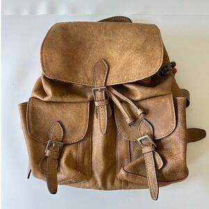 Vintage Fossil Tan Leather Rucksack Backpack Drawstring Buckle Pockets Key Charm